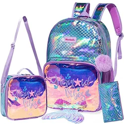 Girls backpack with 3 backpacks and lunch box, suitable for elementary school students with sequin blue beautiful fish tail bags