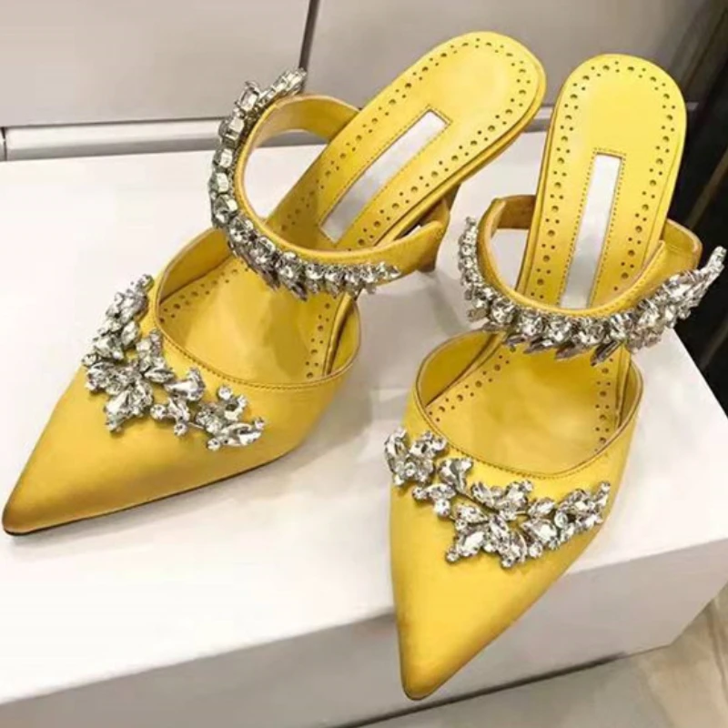 

Pointed Toe Rhinestones Luxury High Heels Sexy Designer Party Dress Shoe Women 2024 Summe Elegant Mule Crystal Thin High Sandals