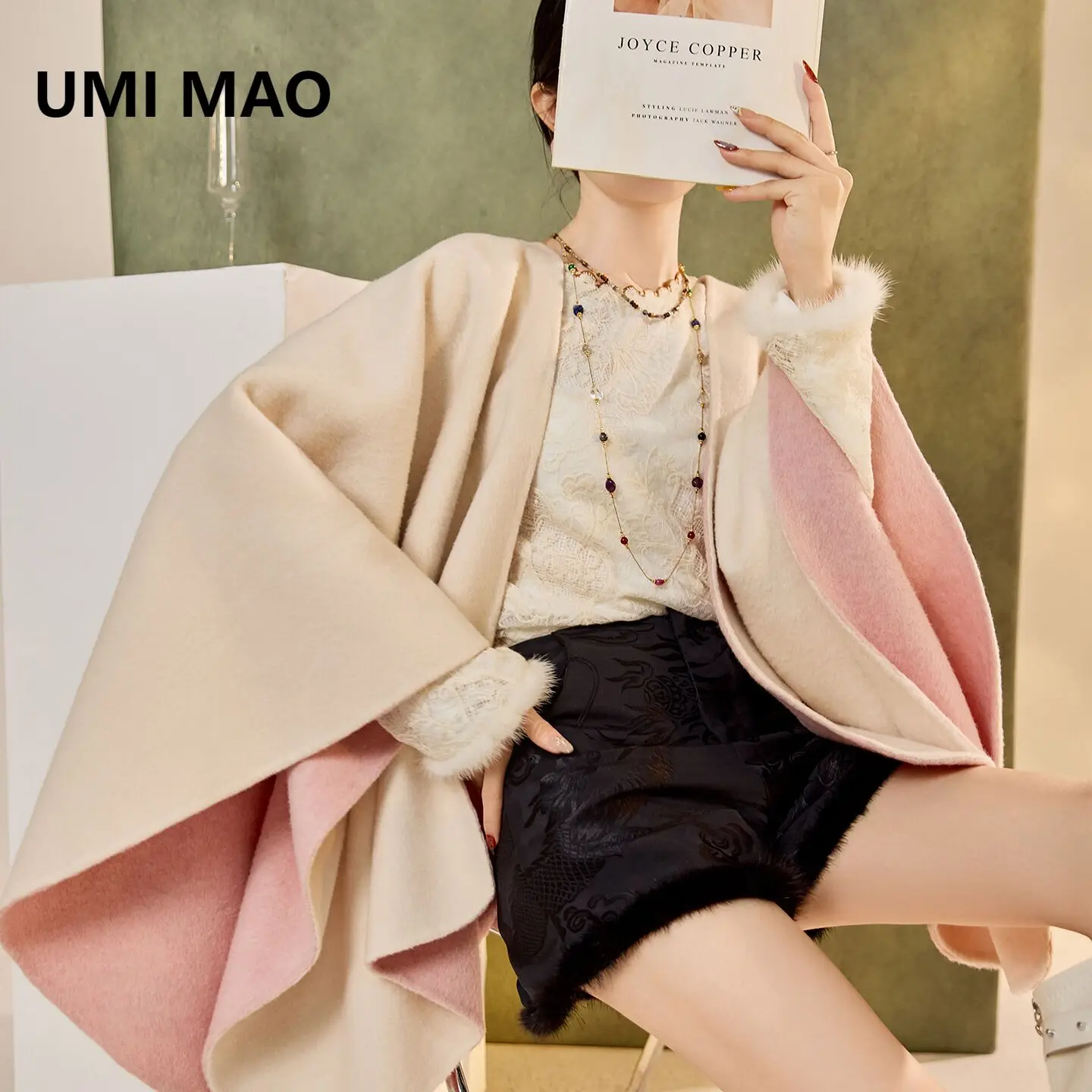 

UMI MAO Wool Cloak Gentle Versatile Solid Color Elegant Double-Sided Cape Winter New Elegant Fox Fur Collar Shawl Coat