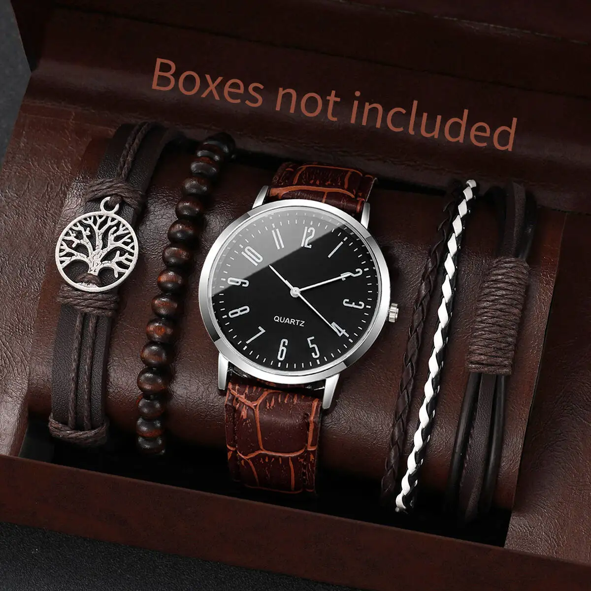 4/5PCS 패션 남자 시계 팔찌 세트 캐주얼 가죽 스트랩 비즈니스 쿼츠 시계 남자 시계 Reloj Hombre (상자 없음)
