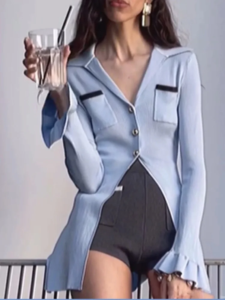 

High-End Version European Design SE Color Blo Bell Sve Slim Fit Knitted Open Cardigan Top with Lace Hem for Women