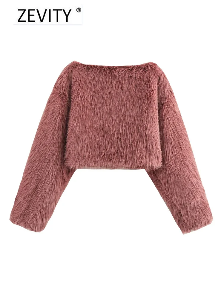 ZEVITY Women Fashion 4 Colors O Neck Long Sleeve Casual Fur Pullover Jacket Female Outerwear Chic Autumn Winter Coat Tops CT7356