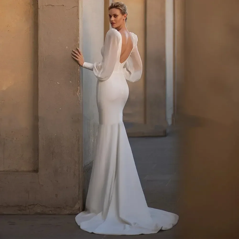 Einfache elegante weiße Meerjungfrau Brautkleid sexy V-Ausschnitt rücken frei Kristall Perlen Puff ärmel Braut offiziellen Vestido de Novia