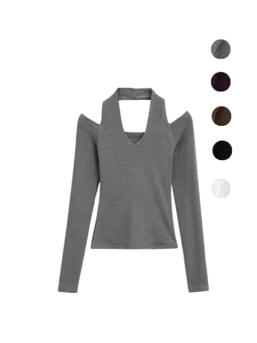 Sexy Layered oulder Baring Long Sve Ne Hanging T-irt Inner Wear Base irt Design Sense Street Sle ort Length