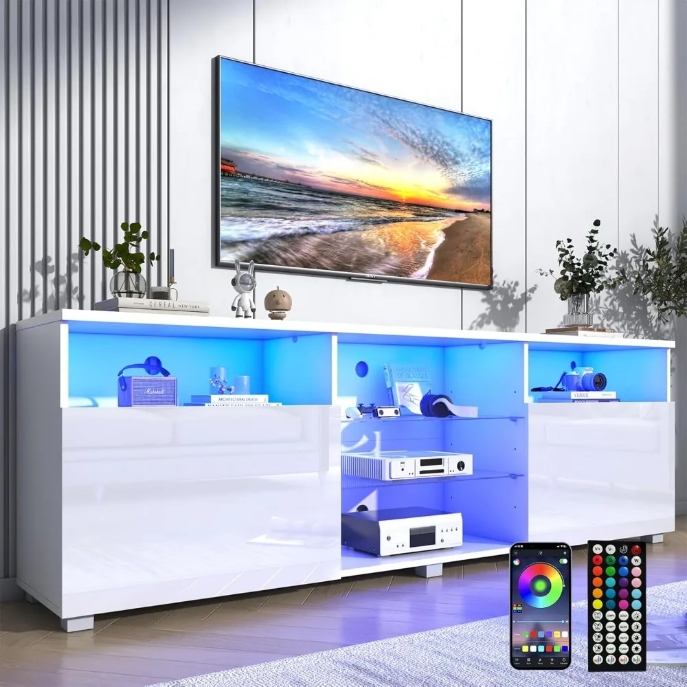 Vinctik 70 inch moderne witglans tv-standaard - hoge opslag voor 75-80 inch tv's, RGB-licht, perfect voor woonkamer