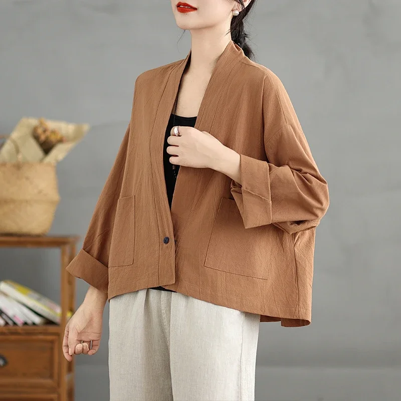 

Womens Autumn Winter Cotton Linen Vintage Loose Short Cardigan Jacket