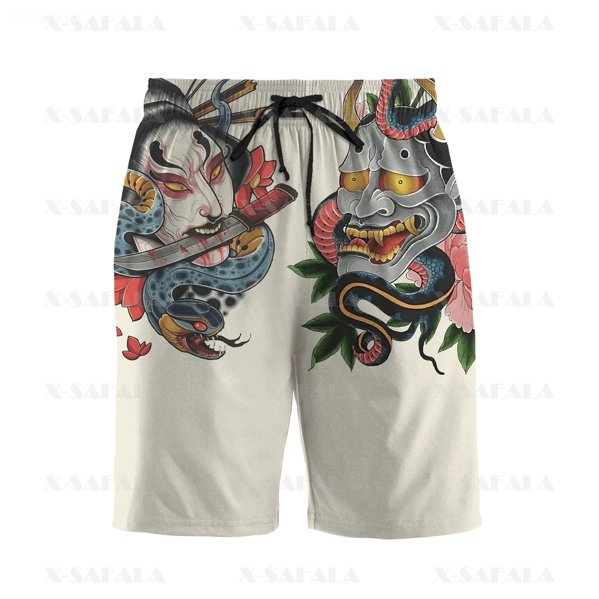 Japanische Kunst Samurai Maske 3D-Druck Herren Boards horts Shorts Unisex elastische Taille Shorts Sommer Strand Harajuku lässig Kordelzug-5