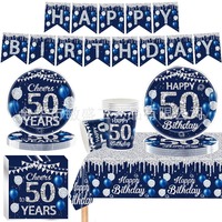 8Guests Blue Disposable Tableware Cheer 50 Year Plates Napkins Balloon Firework Banner Happy 50th Birthday Party Supplies