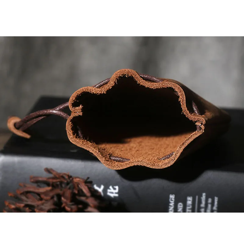 Genuine Leather Coin Purse Men Women Vintage Cowhide Casual Small Coin Wallet Hard Leather Money Pocket Drawstring Storage Bag