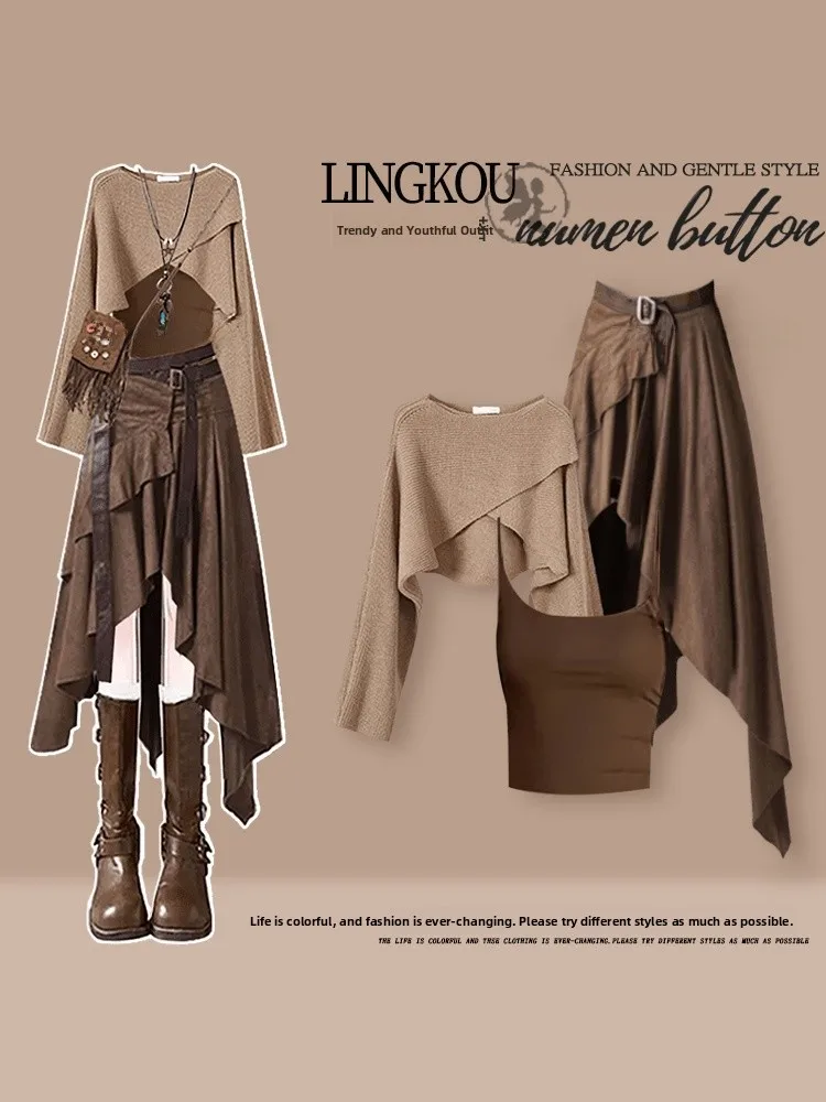 

Elegant American Style Three-Piece Set for Women Autumn High Waist Skirt Vintage Off-Shoulder Sweater Midi Skirt Ensemble