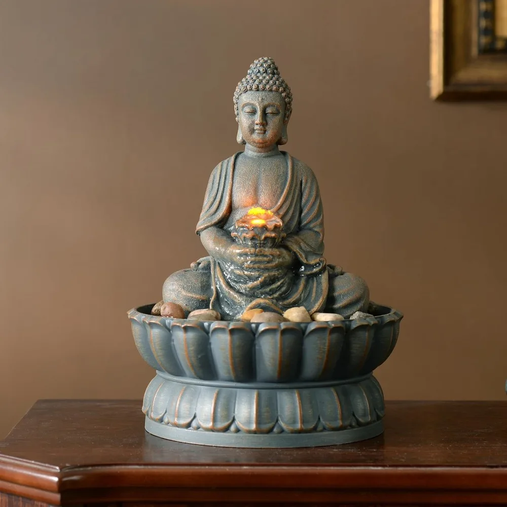 

9.6" Tabletop Fountain Exquisite Smile Sitting Buddha Fountains Desk Water Fountain Decorative Zen Fountain Reflective