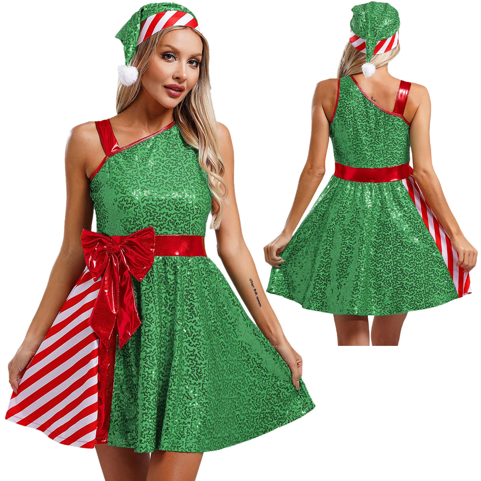 Women New 2024 Christmas Costume Dance Party Costume Santa Claus Costume Sleeveless Sequins Stripes Dress with Santa Hat Set