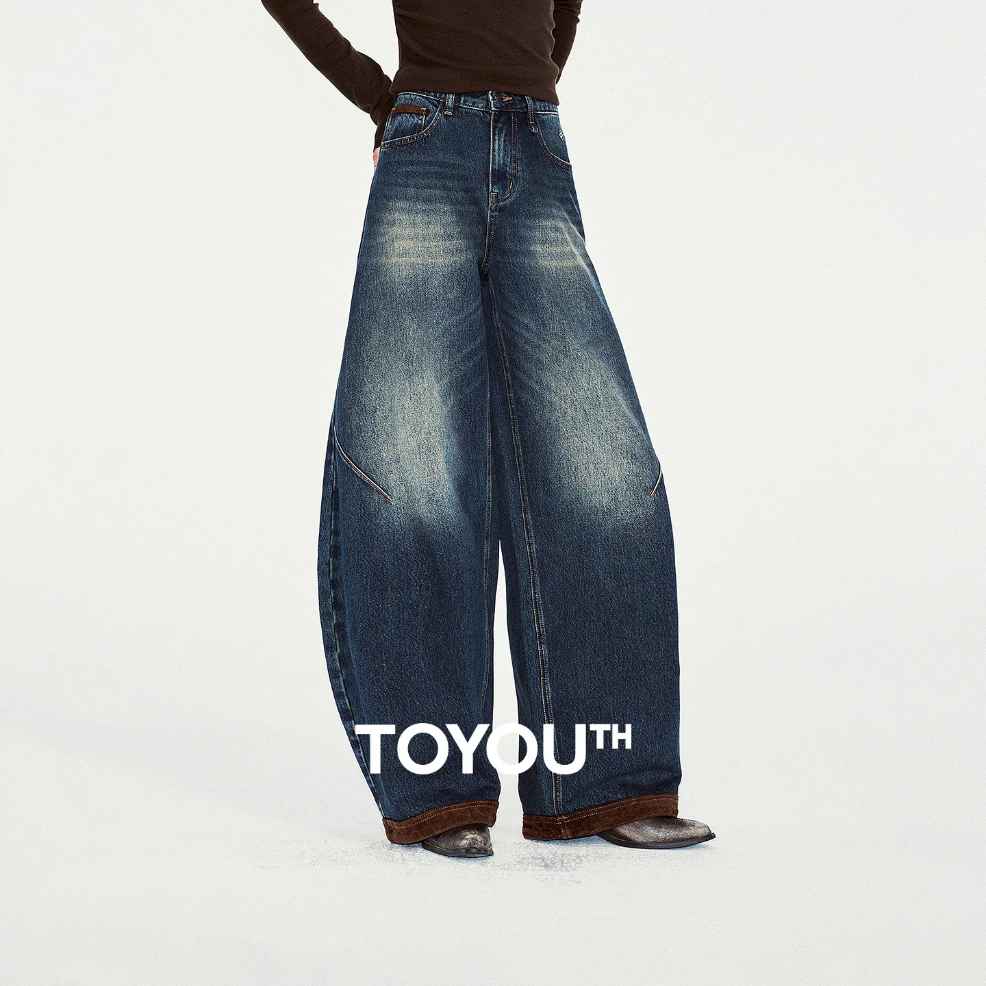 TOYOUTH Women Jeans 2026 Winter New Vintage Blue Contrast Patch Mid Rise Curved Wide Pants