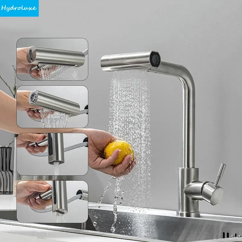 

Stainless Steel Sink Vegetable Washing Basin Kitchen Faucet Pull Out Functional 4 Mode Mixer Tap Waterfall Flexible Sink Faucets
