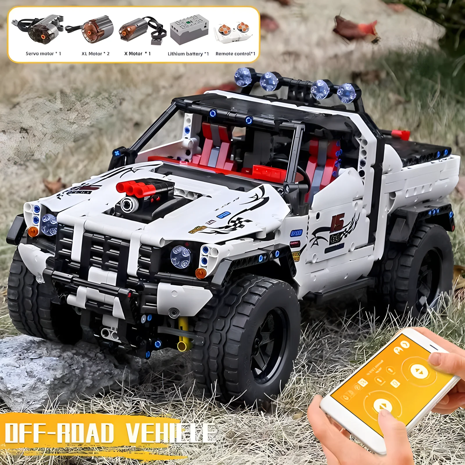 MOULD KING 18005 Technical Pick Up Truck MOC-2412 APP Motorized Silver Flagship Off-road Car Building Blocks Bricks Toys For Kid