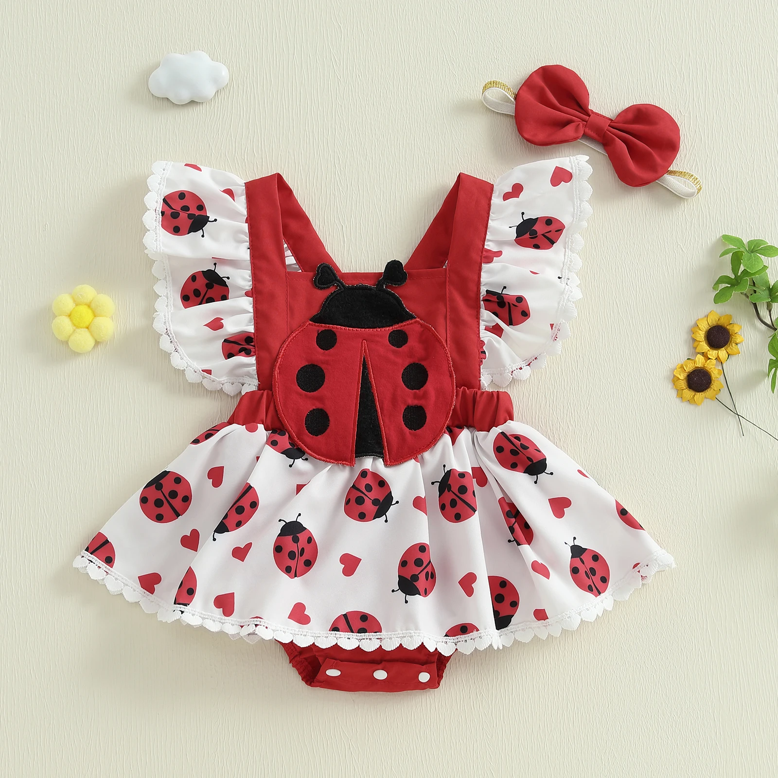 Newborn Baby Girls Fly Sleeve Rompers Dress Lovely Summer Bee/Ladybug Print Skirt Hem Jumpsuits Skirts Infant Bodysuits Headband