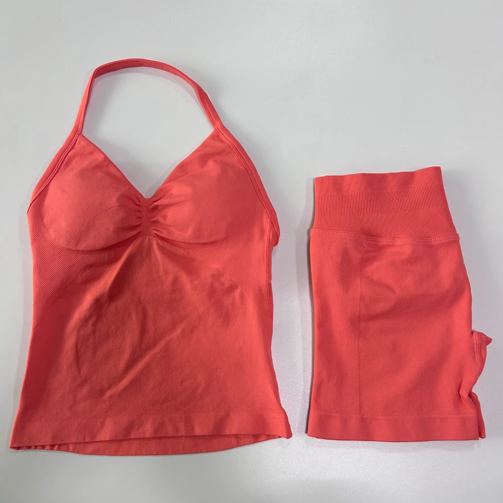 2-teiliges Fitness-Set für Damen: Rückenfreies Tanktop, High-Waist-Shorts mit Raffung, nahtlos, Sportanzug, Fitnesskleidung, Activewear, Workout-Set – Detail 15