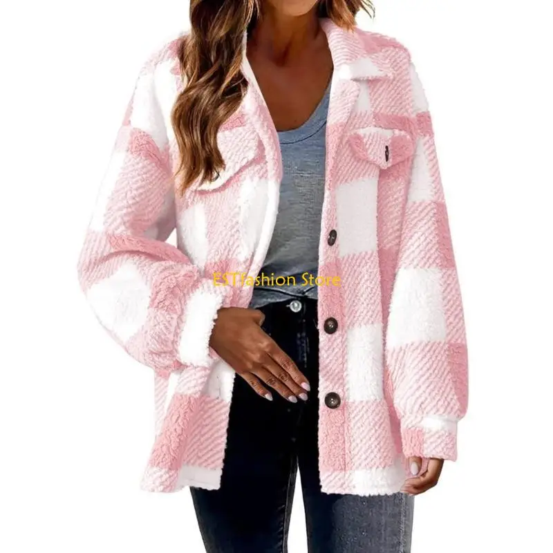 Y5GC Womens Plaid Shacket Long Sleeve Button Down Fleece Hooded Sherpa Lined Flannel Fuzzy Warm Coat