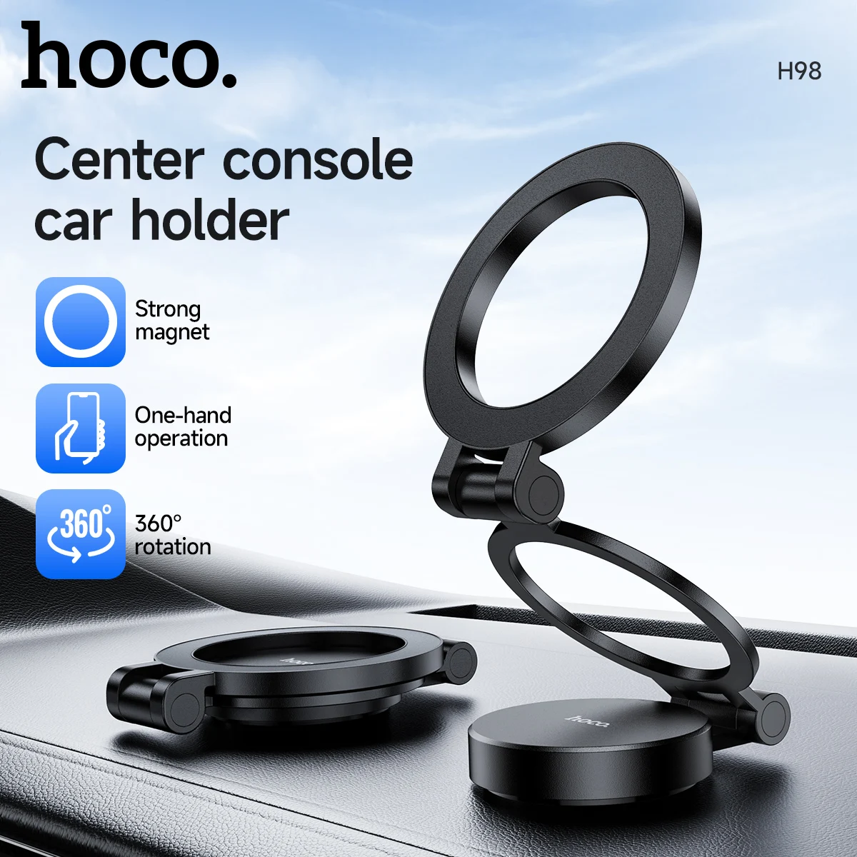 Магнитный автомобильный держатель HOCO H98 с откидным кольцом для смартфонов, крепление на центральную консоль Магнитный автомобильный держатель HOCO H98 с откидным кольцом для смартфонов, крепление на центральную консоль