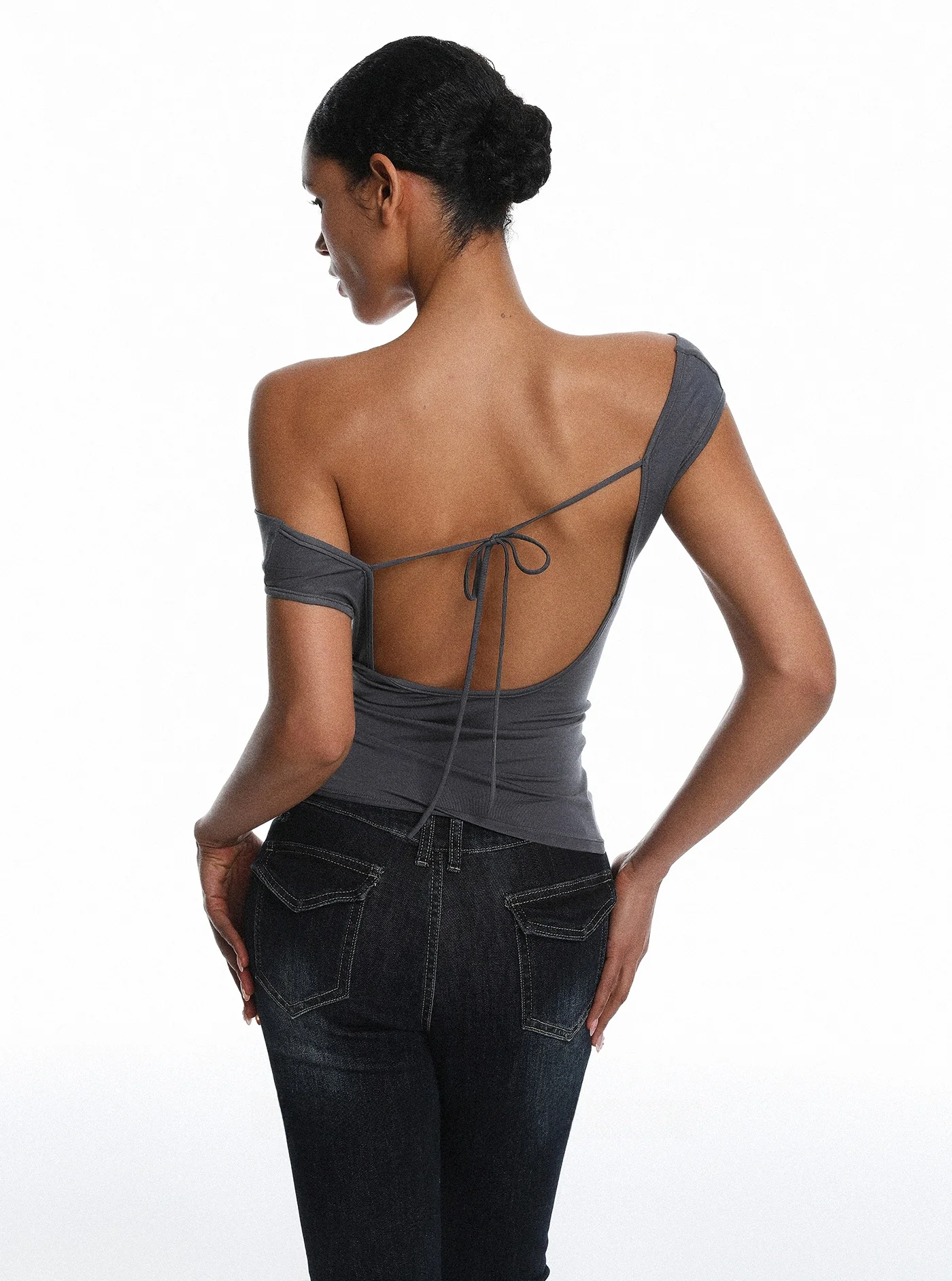

Deep Blue Slim Fit Jeans Sexy Shoulder Backless Denim Pants High Waist Pure Color Spring Fashion Set for Women Short Sleeve