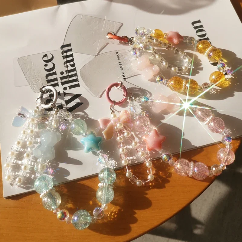 Cordão Do Telefone Móvel Corrente De Pulso Curta Urso Colorido, Corrente De Pérola Frisada Artesanal, Borboleta De Cristal Estrela, Decorado Talão Pendurado