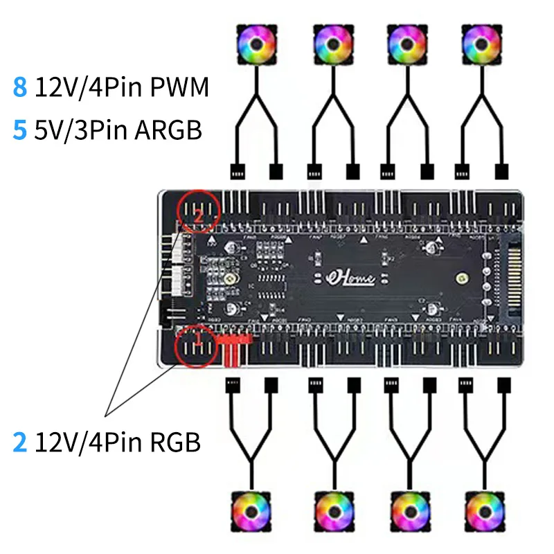 Magnetic 3in1 Multi Splitter Fan Hub 8 Way 5V 3PIN ARGB 12V 4PIN PWM SATA Power PC Accessories and 2 Way 12V/4Pin RGB Interface