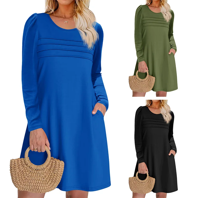 فستان نسائي طويل الأكمام خريفي كاجوال تي شيرت فضفاض مناسب بطيات أمامية فساتين قصيرة مع جيوب