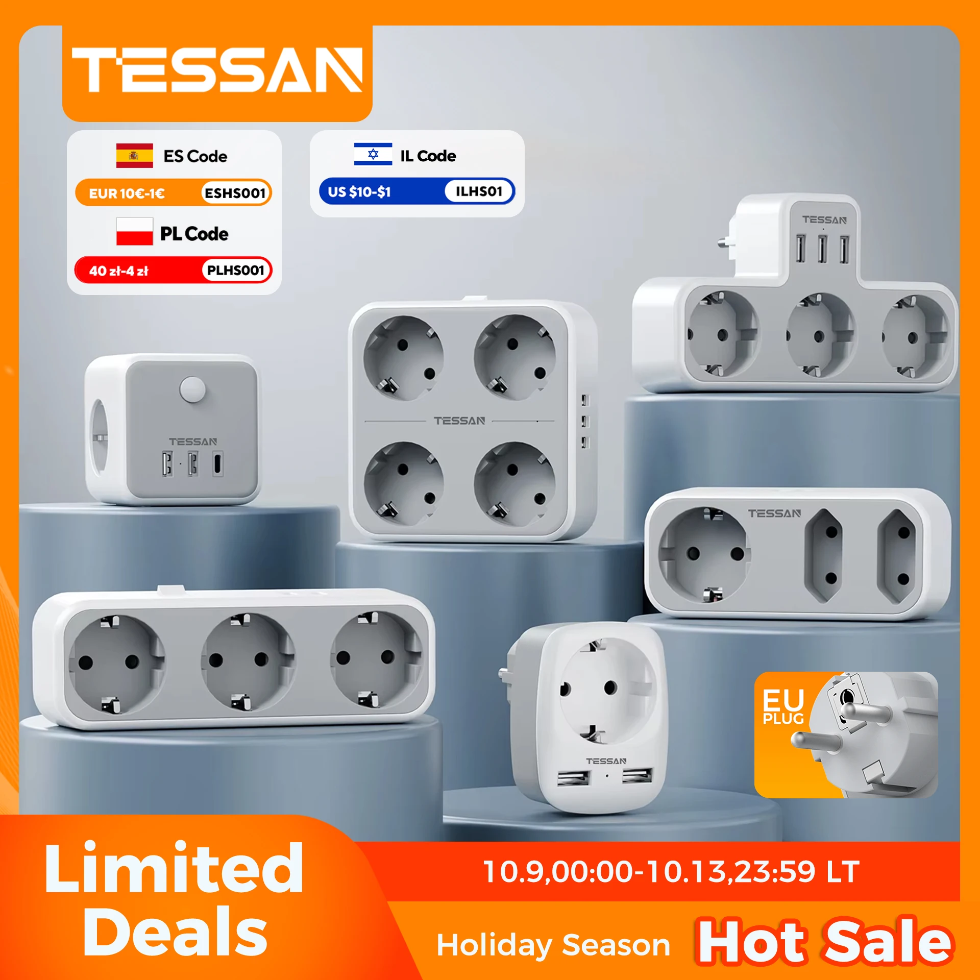 AC 콘센트 및 USB 충전 포트가 있는 TESSAN EU 플러그 전원 스트립 홈 오피스용 다중 벽면 소켓 어댑터 enchufe múltiple