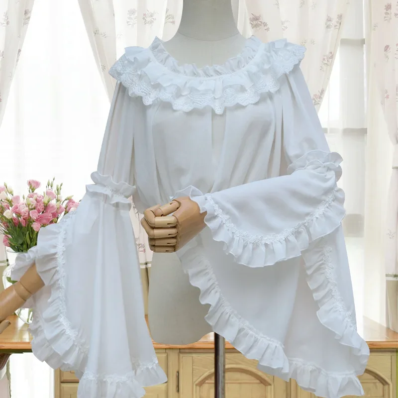 NONSAR Japanese Retro Victorian Lolita Blouse Women Sweet Ruffles Collar Lace Flare Sleeve Shirts Girl Elegant Chiffon Short Top