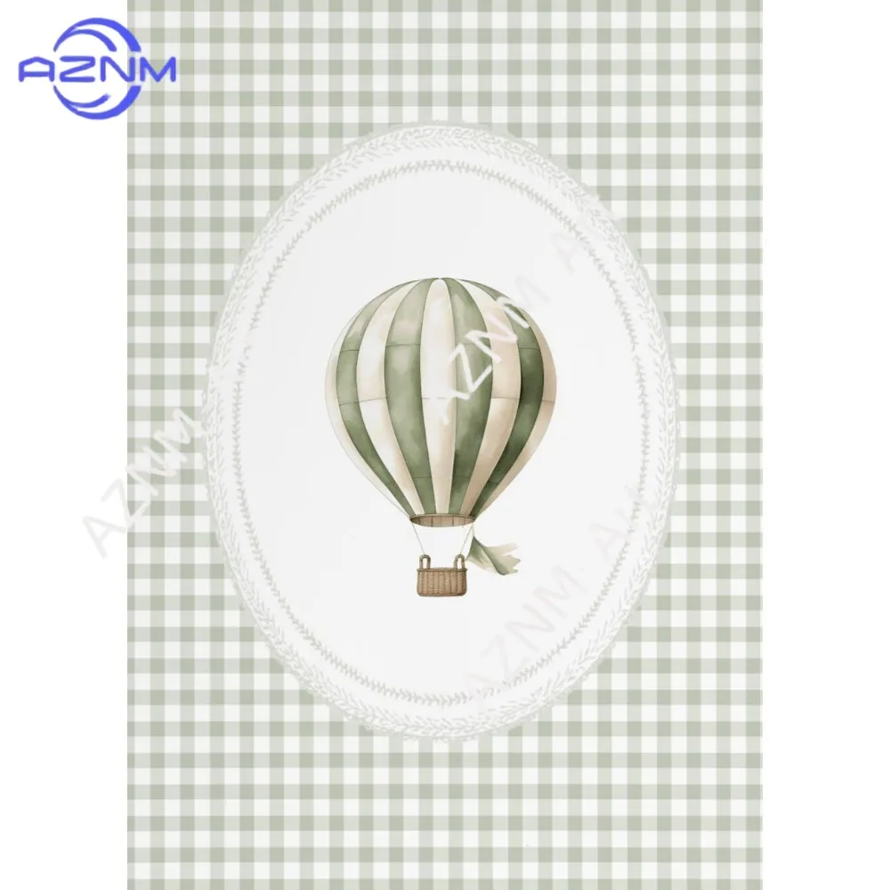 1Pc/6Pcs Vintage Hot Air Balloon Baby Sheep Cow Teddy Bear Plane Poster Canvas Print Wall Art Sage Green for Room Nursery Decor