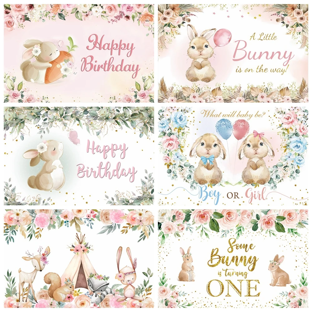 Easter Bunny Rabbit Backdrops Pink Flowers Some Bunny is Turning One Birthday Party Decor Baby Shower Photography Background