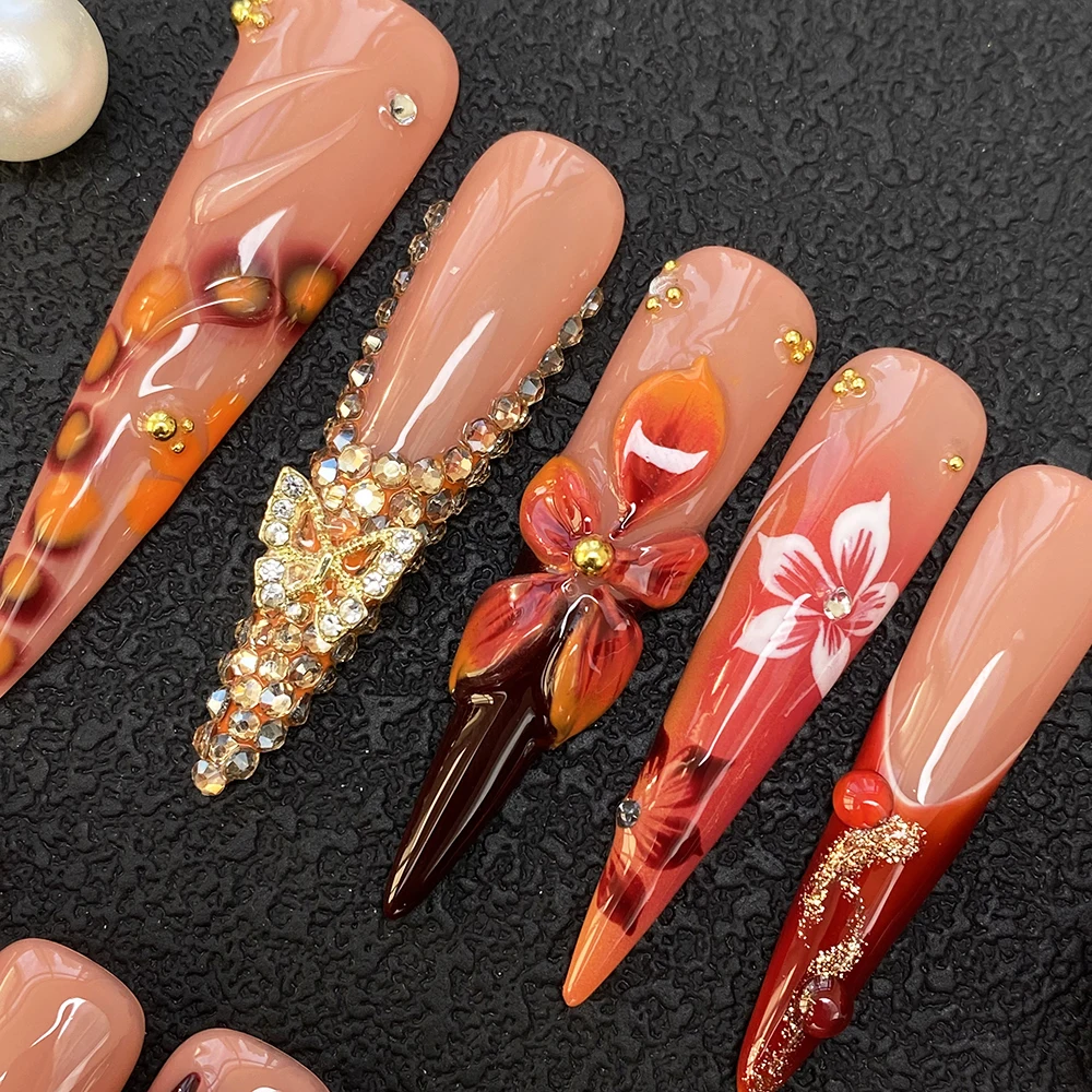 

Fashion Stiletto Ballerina Fingernails Art Acrylic 100% Handmade Rhinestone Full Decorated Exquisite Carved False Nails Press on