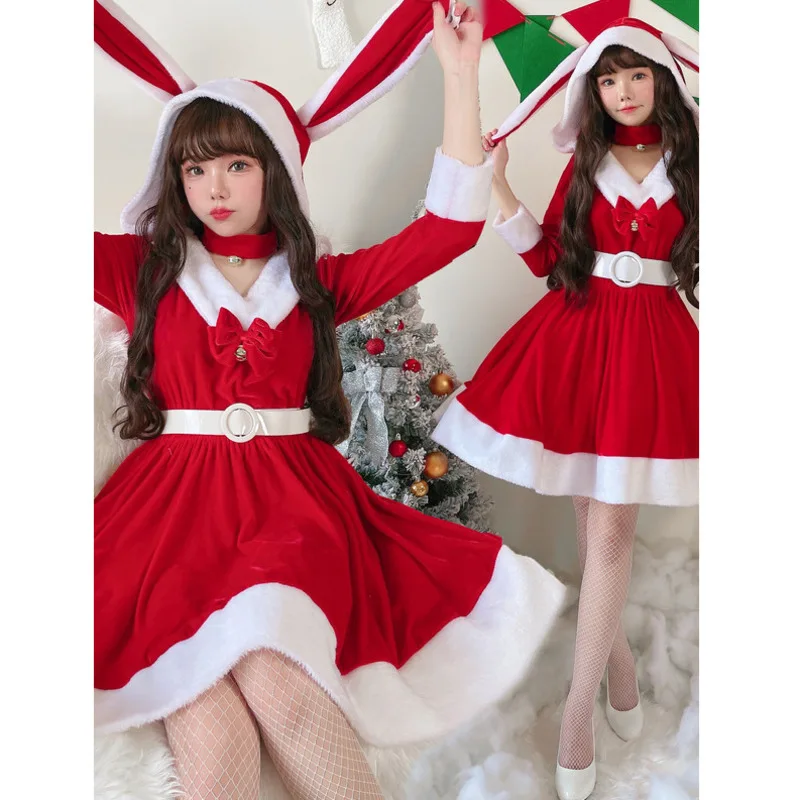 

Christmas Cosplay Japanese Clothing Santa Claus Costume Red Cute Rabbit Girl Rabbit Outfit Long Sleeve Dress