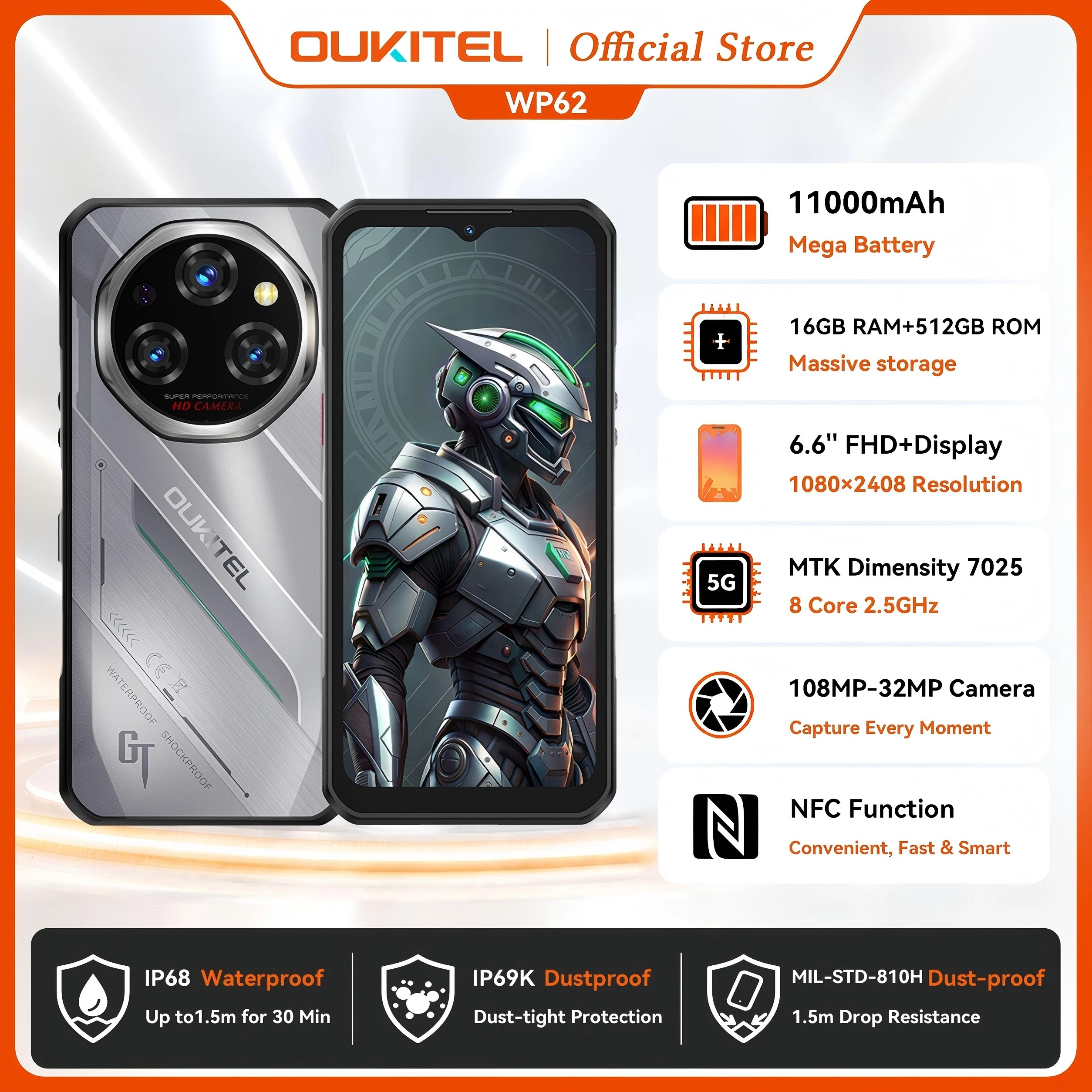 Oukitel WP62 5G Rugged Smartphone 48GB(16+32) +512GB, 6.6" FHD+ 108MP Camera Mobile Phone, 11000mAh 33W, Android 15 Cellphone