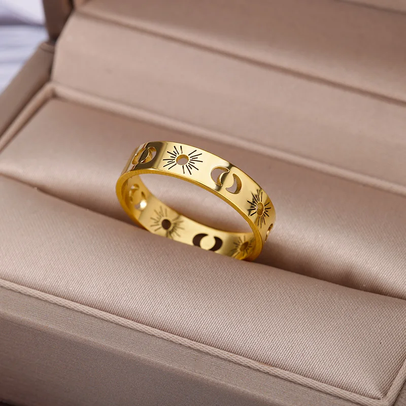 Vintage Sun Moon Rings For Women Men Stainless Steel Gold Color Sun Moon Finger Ring Femme Aesthetic Jewelry Gift Anillos