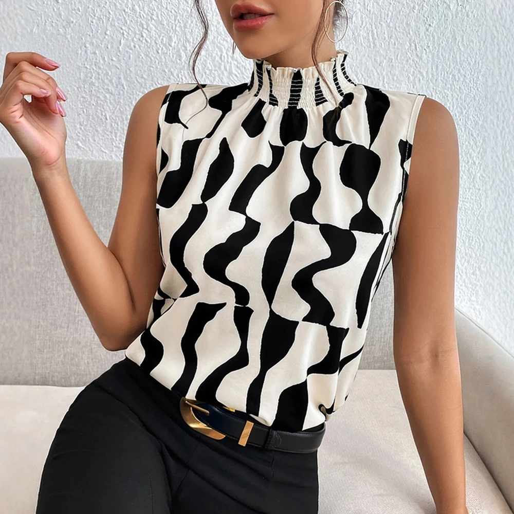 

Blouses Spring Summer Casual Hotsweet Irregular Grain Contrast Color Sleeveless High Neck Daily Blouses for Women