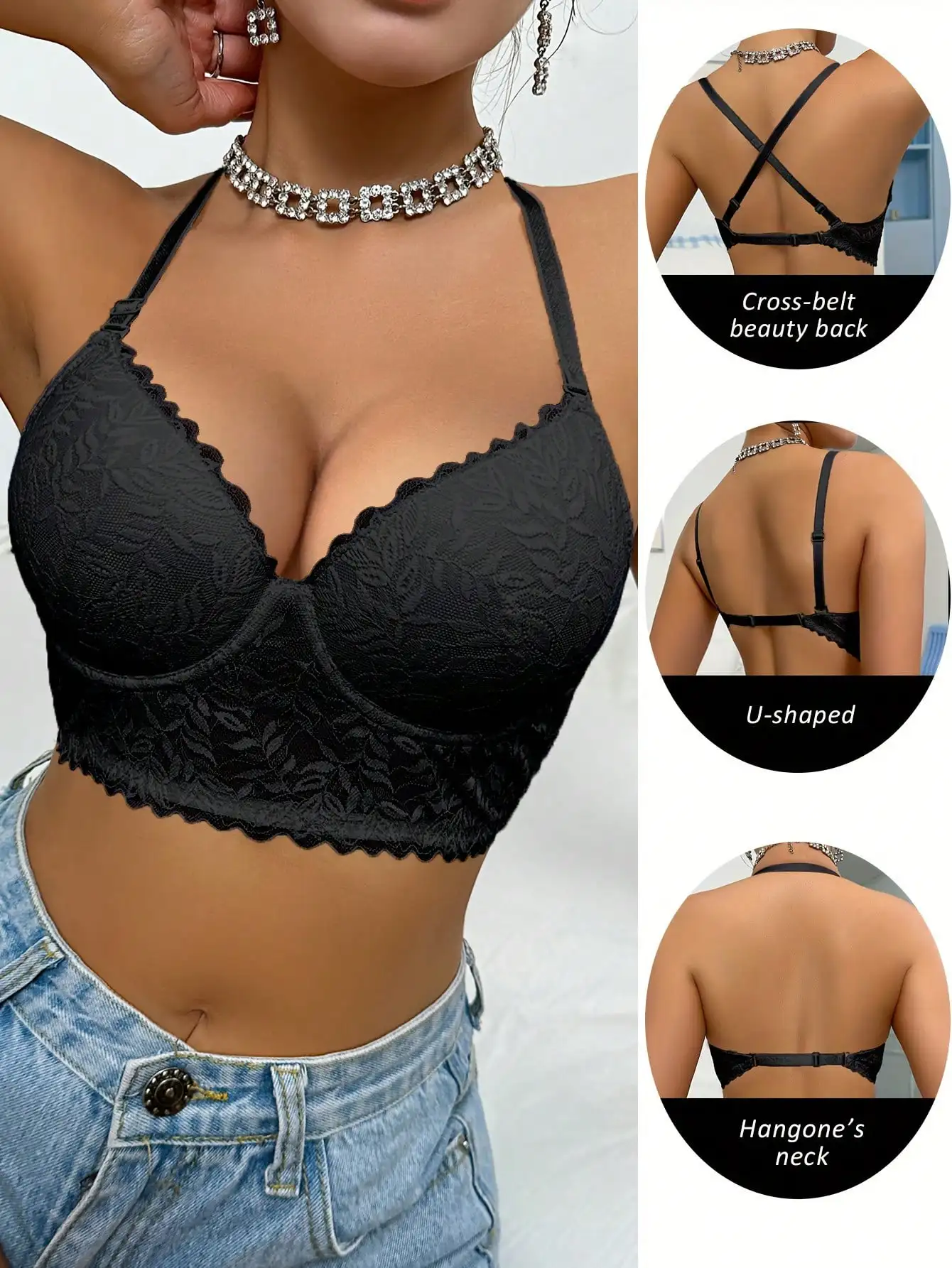 

Сексуальное кружевное женское белье с тонкими чашками, дышащими, съемными бретелями, многократным способом ношения, нижнее белье с открытой спиной.