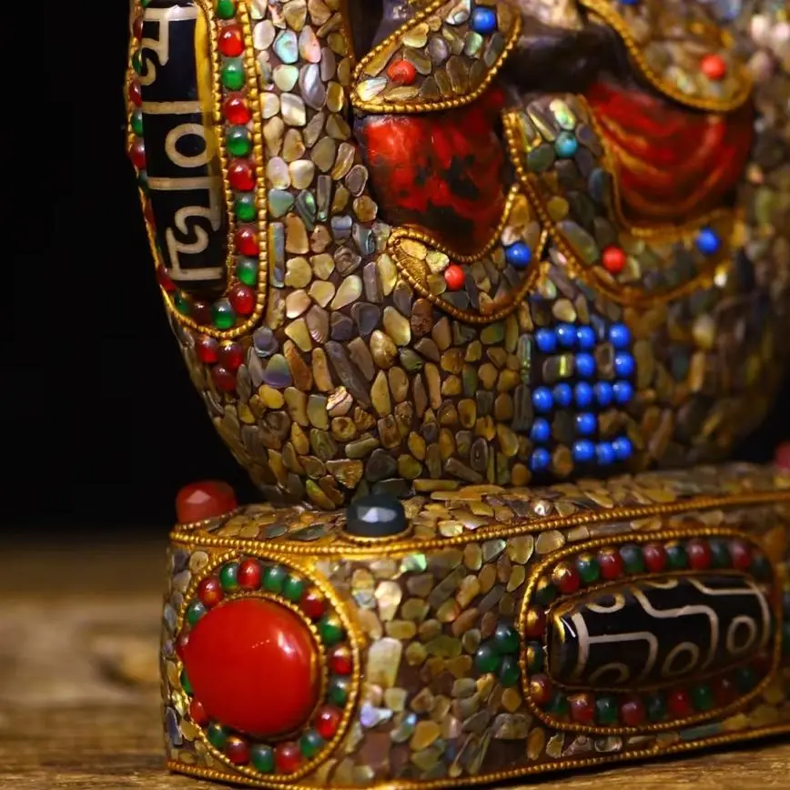 

10-дюймовые старинные непальские буддийские молитвенные коврики (ниши) для поклонения с мозаичными бусинами gZi из старинных метеоритов, бирюзой и изображениями Будды Шакьямуни и Будды Амитабхи