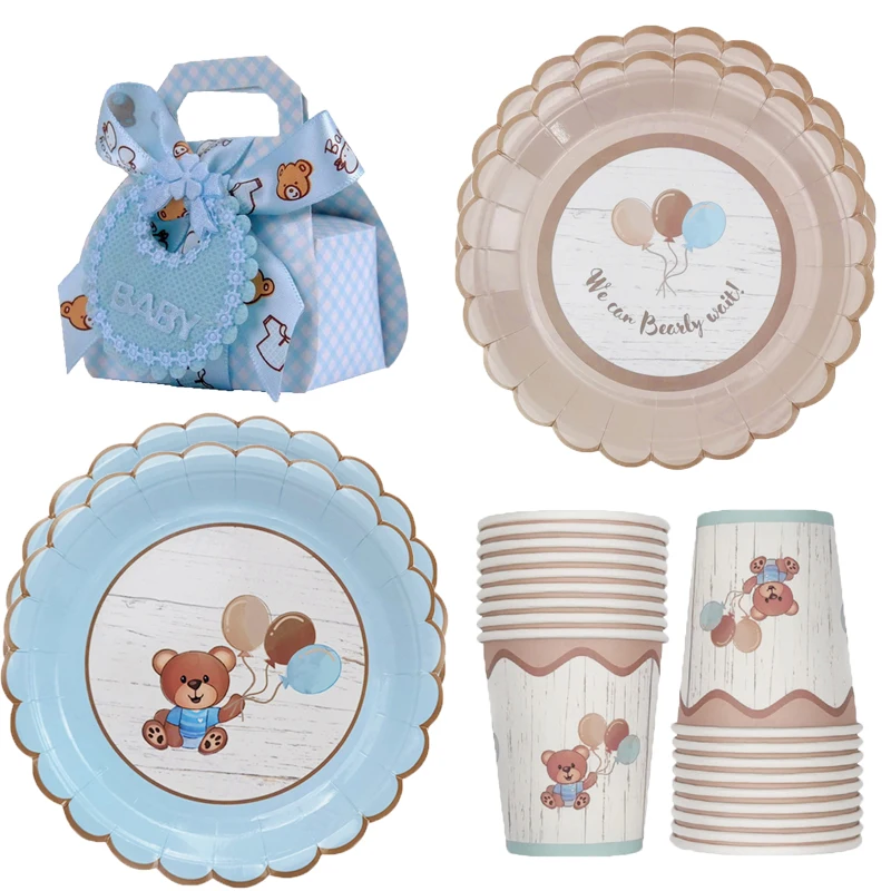 Cute Teddy Bear Baby Shower Disposable Tableware Sets Brown Blue Napkin Plate Cup Kids Baby Boy Girl Happy Birthday Party Suppli