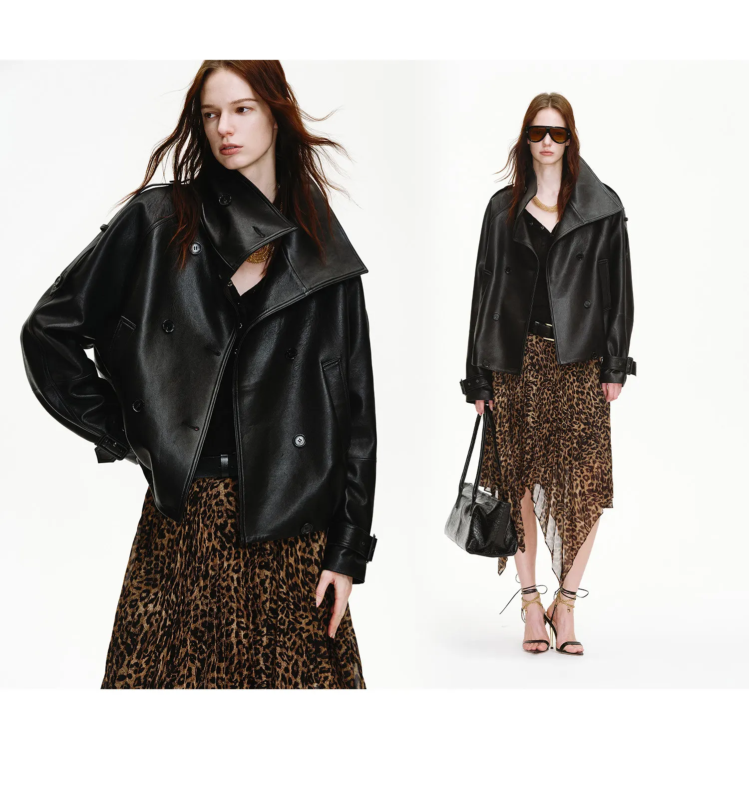 Lautaro Spring Autumn Cool Handsome Oversized Black Pu Leather Jackets for Women Double Breasted Luxury Designer Clothes Fashion