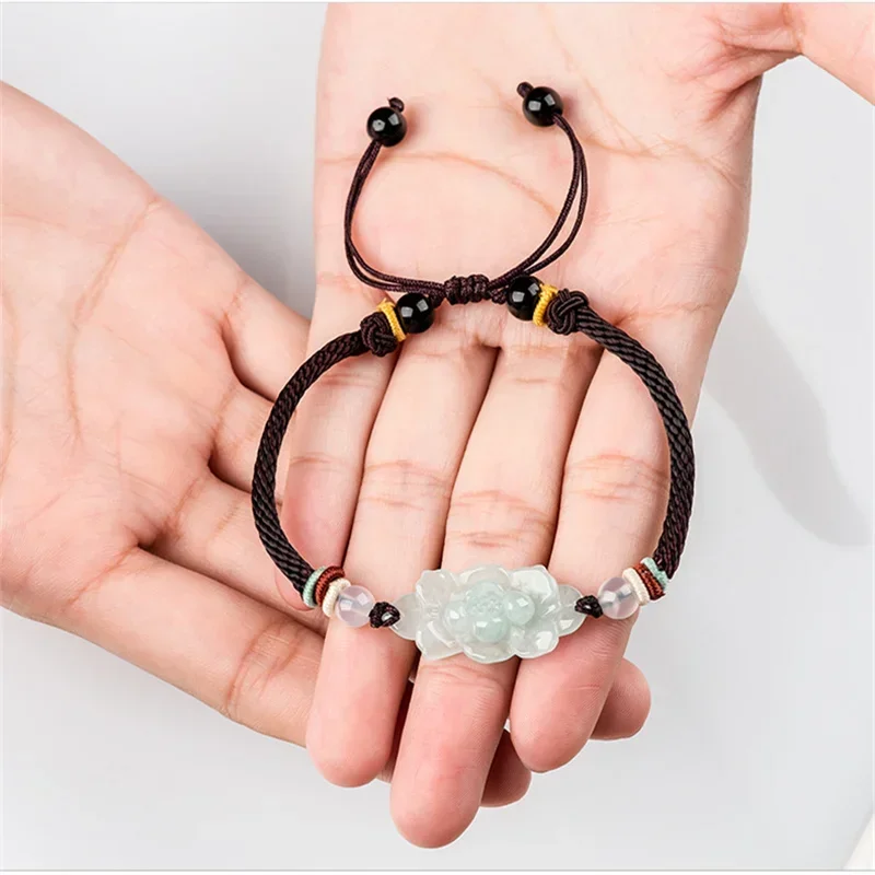

Jia Le/ Natural A+ Jade Blooming Lotus Emerald Hand-woven Rope Bracelet Lucky Simple Luxurious Men and Women Couple Gift