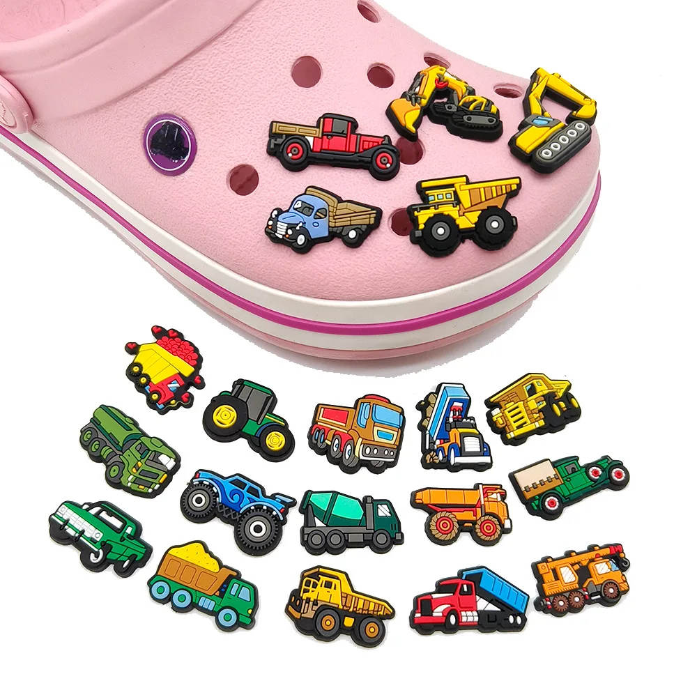 Hot 1pcs Cartoon Car Engineering Vehicle DIY Shoe Charms Accessories Buckle fit Clogs Sandals Pin Decorate Kids Boys Party Gifts