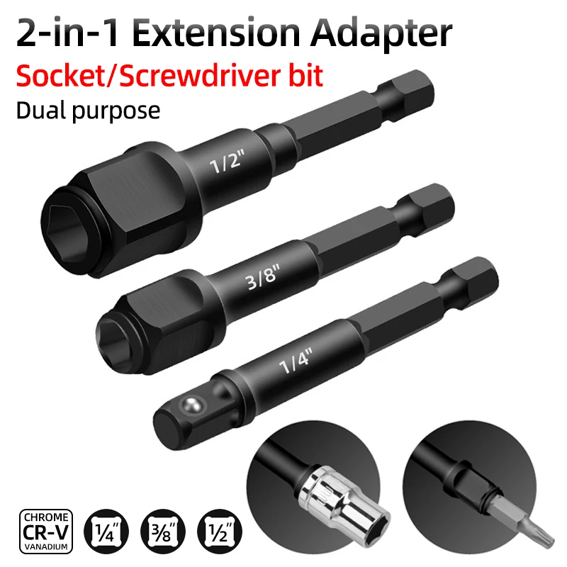 Impact Drill Socket Adapter 2-in-1 Screwdriver Bit Extension Converter Hex Shank Adapter Kit Nut Driver 1/4 3/8 1/2 Drill Tools