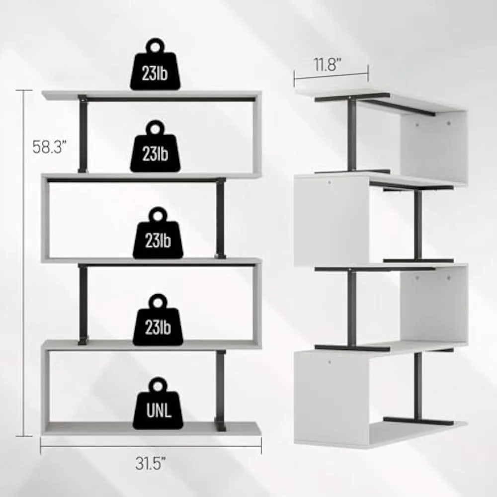 رف كتب من 5 طبقات، خزانة كتب طويلة ذات سعة كبيرة، رف تخزين متعدد الوظائف للكتب والديكور والنباتات، متين وأنيق