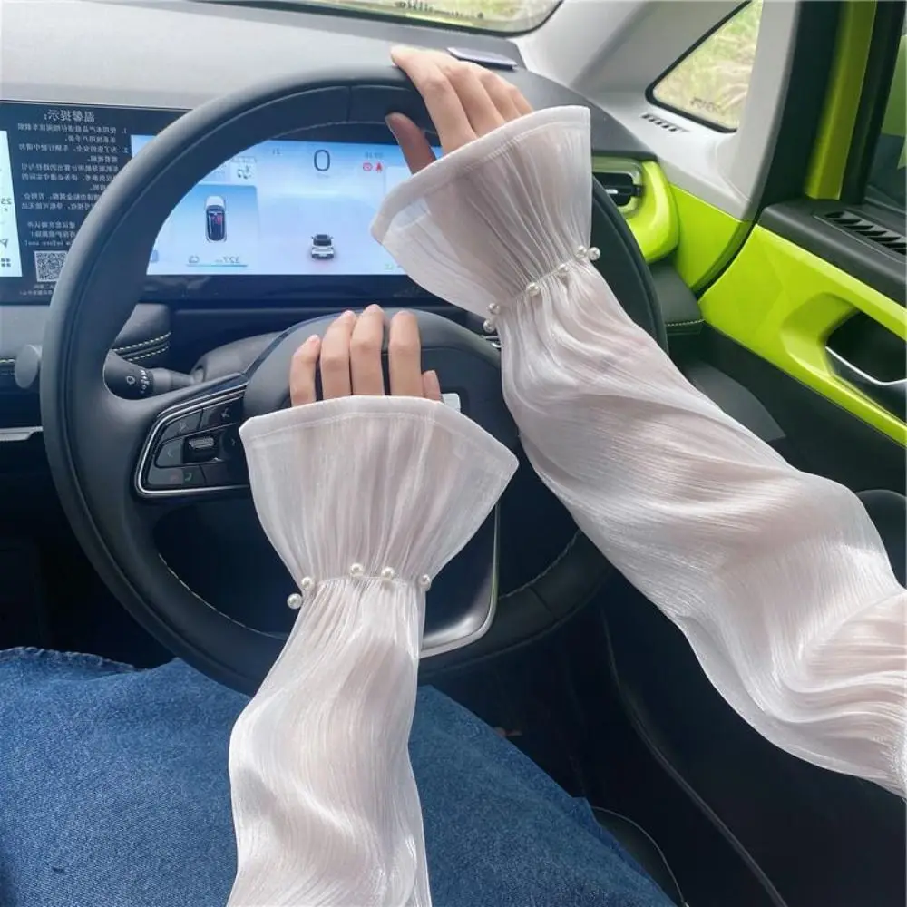 

Lace Ice Silk Sleeves Gloves Transparent Pearl Summer Sunscrean Sleeves Simple Breathable Driving Arm Sleeves Outdoor Sports