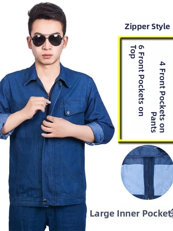 

Новый улучшенный мужской джинсовый рабочий костюм с длинными рукавами, утепленный, для осени и весны, защитная одежда для сварки, специальная для автосервиса