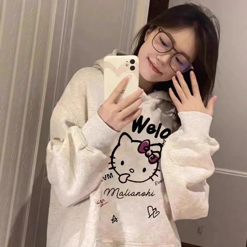 

Kawaii Girl толстовка с капюшоном Hello Kitty, хлопковая женская осенне-зимняя толстовка Sanrio с длинными рукавами, свободный крой, молодежные милые модные топы