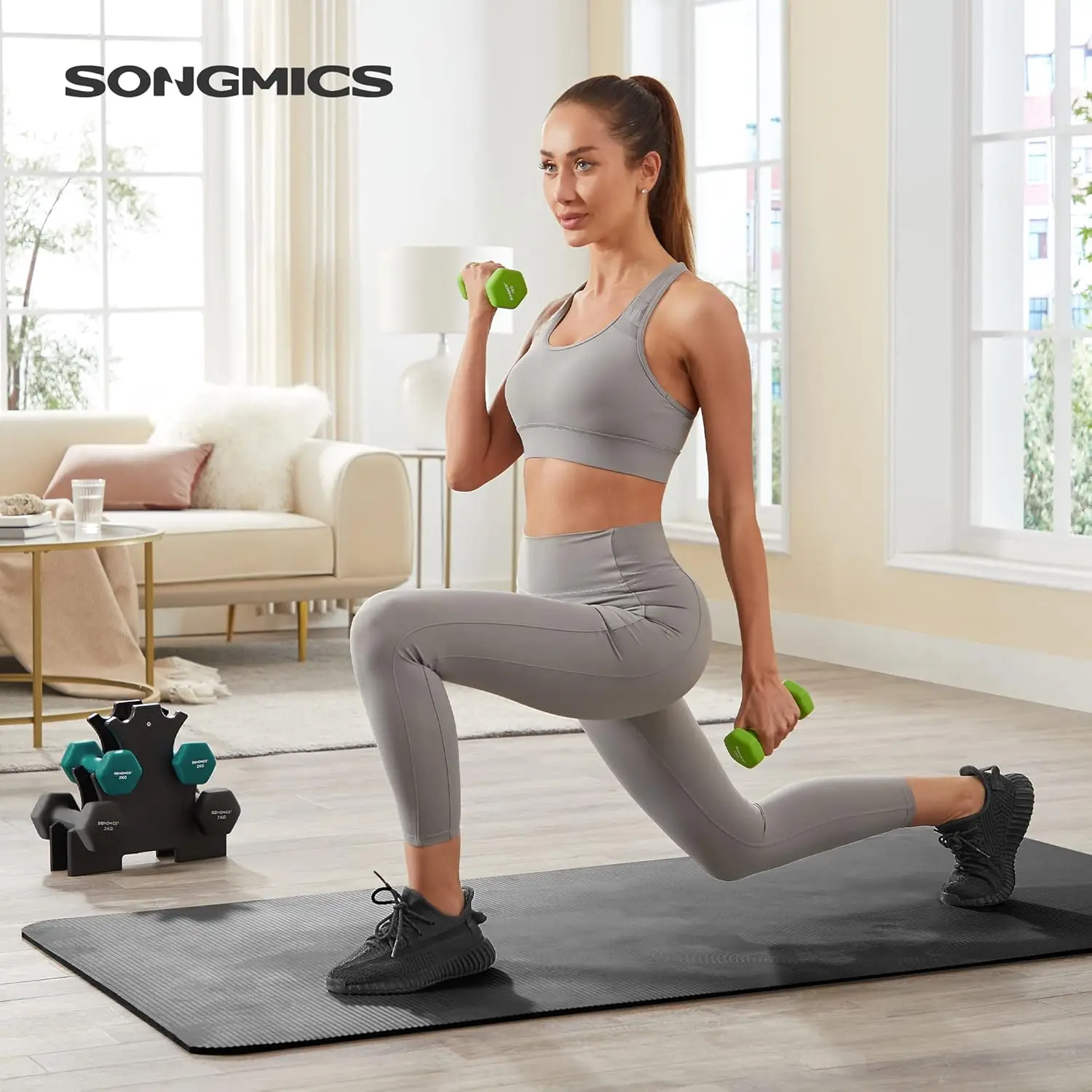 SONGMICS Hex Dumbbells Set with Stand - 2 x 1 kg, 2 x 2 kg, 2 x 3 kg, Neoprene Matte Finish, Hand Weights for Home Exercise