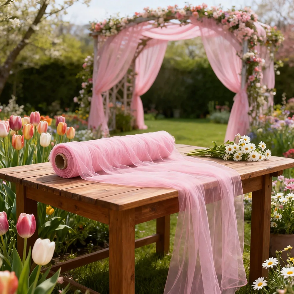 Extra Long Semi Transparent Tulle Gauze Drape, Sheer Voile Curtain Backdrop for Outdoor Wedding Festival Party Scene Decor