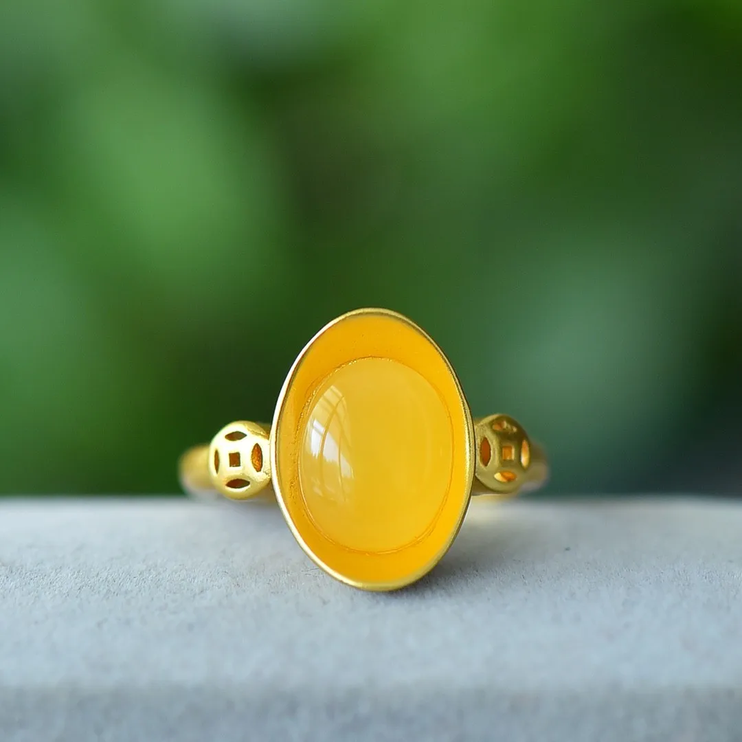 Natural Amber Ring Adjustable Women Healing Gemstone Fine Jewelry Accessories Genuine Baltic Amber Coin Ingot Rings